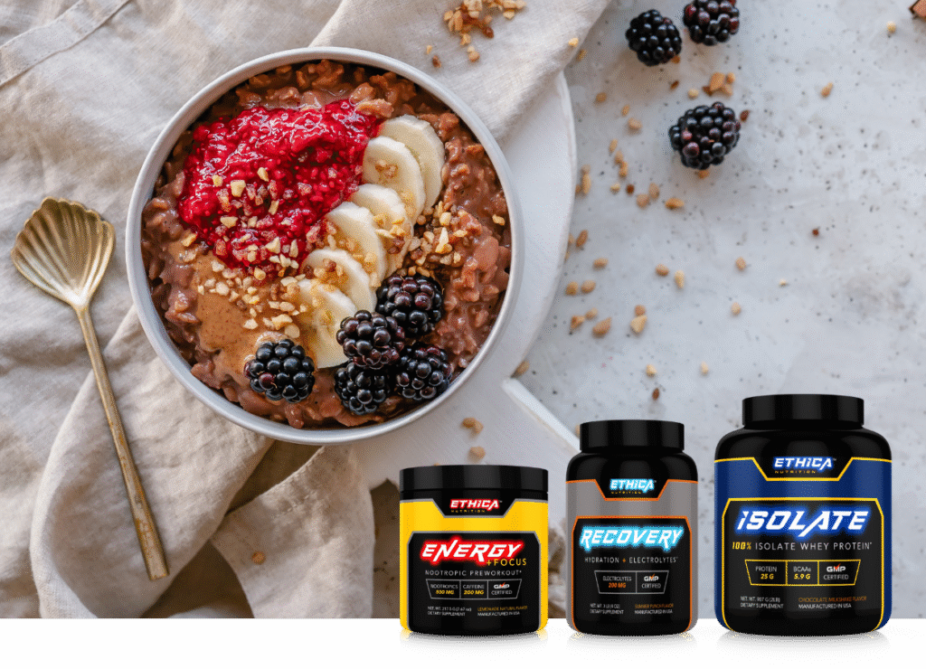 Ethica Nutrition fitness supplements with a healthy bowl of food