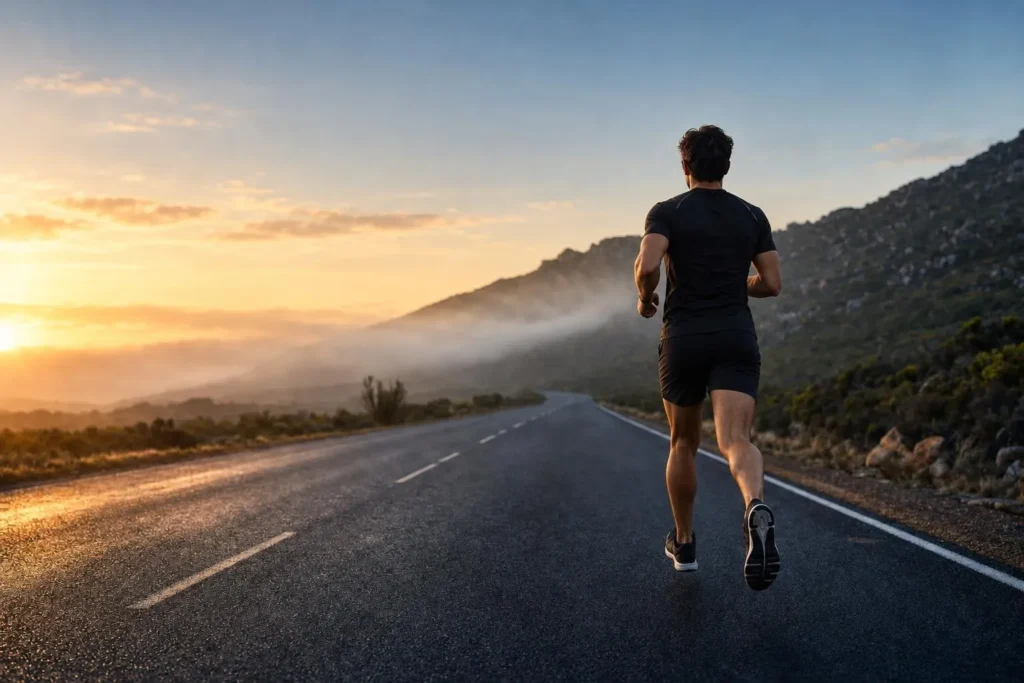 Athlete running alone along an open mountain road at sunrise, representing a personal fitness journey