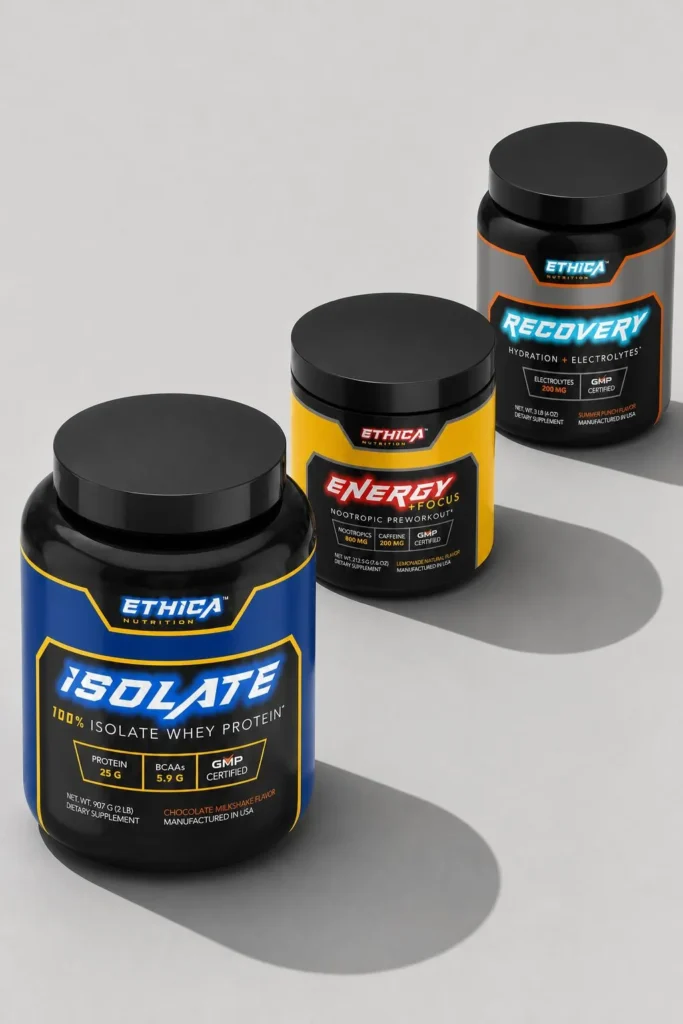 Ethica Isolate, Energy + Focus and Recovery supplement tubs on a grey studio surface